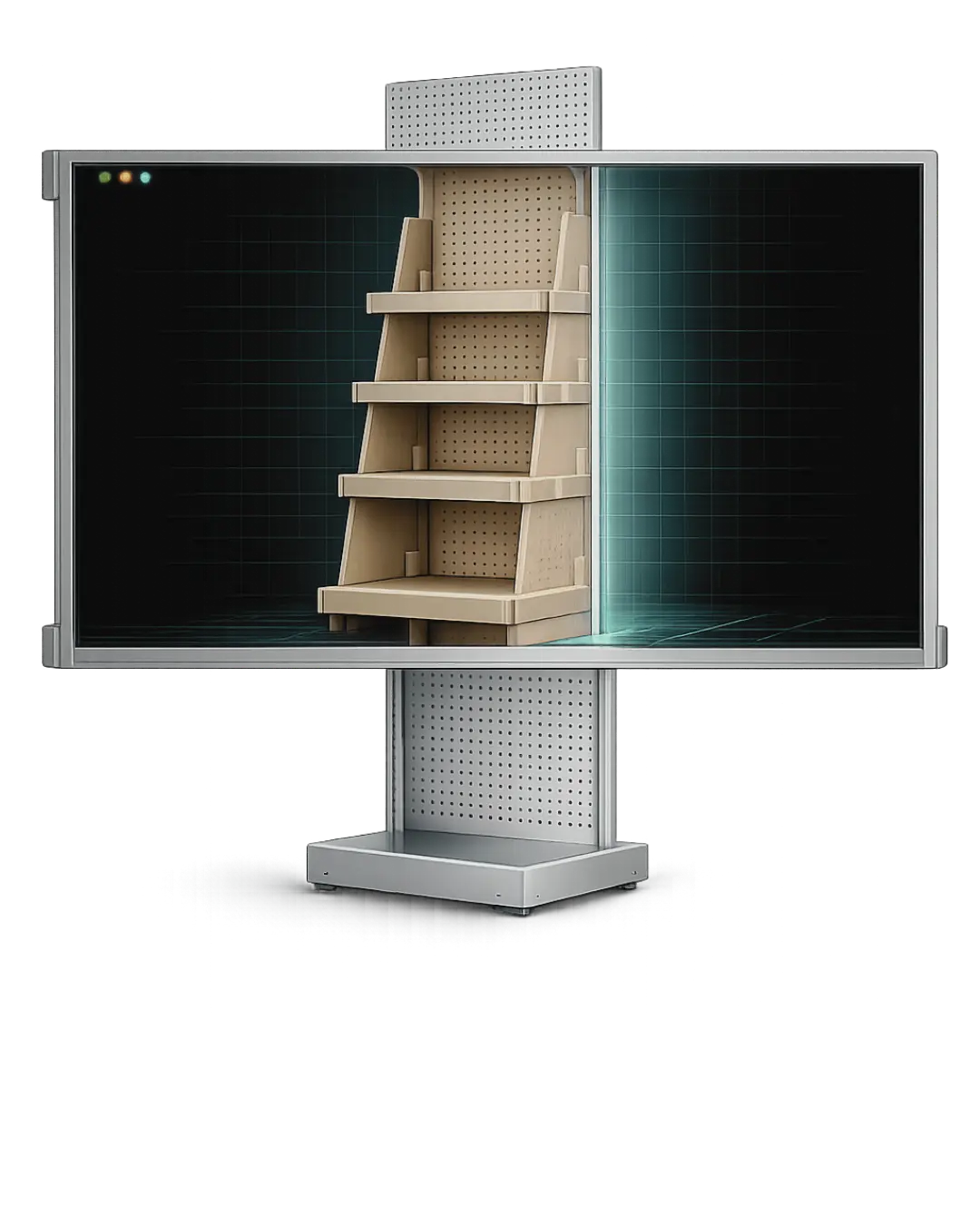 Imagen donde se ve un expositor metálico a través de una pantalla de rayos X y pasa a ser de cartón. Habla sobre el servicio de transformar PLV permanente a cartón